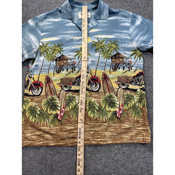 Ky's Hawaiian Shirt Men's Large Cotton Motorcycles Surfboards Tiki Hut Button-Up - Picture 10 of 16